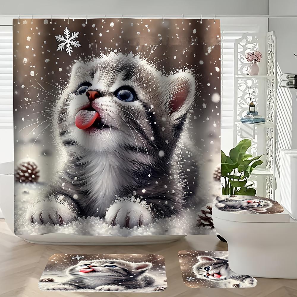 

Набор из 4 предметов: шторка для душа для ванной, зимний снежный кошачий узор, занавеска для ванной с 12 крючками, нескользящие коврики, коврик для крышки унитаза, перегородка для ванной 4PCS shower curtain set
