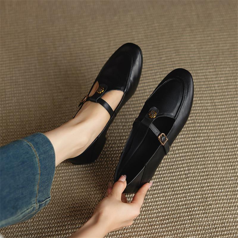 Fashion New Spring/autumn Genuine Leather Women Shoes Round Toe Mary Jane Shoes for Women Fashion Belt Buckle Low Heel Flat Women Pumps