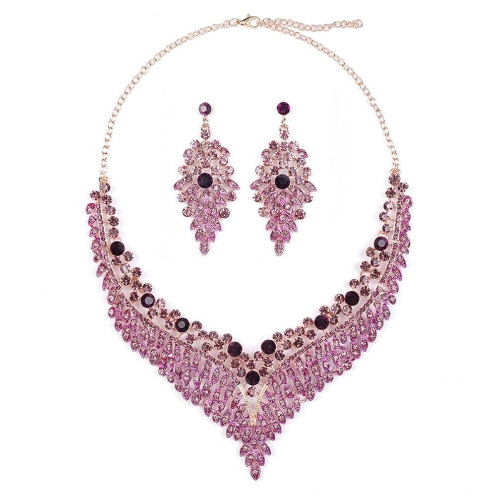 3Pcs Purple Necklace Earring Set Luxury Crystal Jewelry Set Fashion Stud Earrings Choker Set  Women