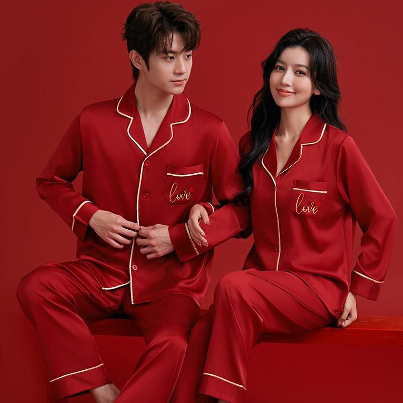 Wedding Pajamas Newlywed Couple Suit Summer Ice Silk Natal Year Red Men's and Women's Spring and Autumn Long-sleeved Loungewear