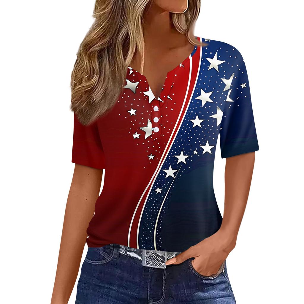 Women's T Shirt Independence Day Print Button Short Sleeve Daily Weekend Fashion Basic V- Neck Regular Top