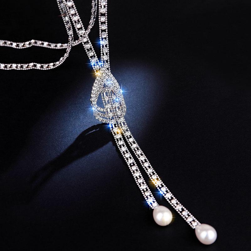 Korean Style Flash Diamond & Pearl Sweater Necklace - Women's Long, Simple, Versatile Accessory
