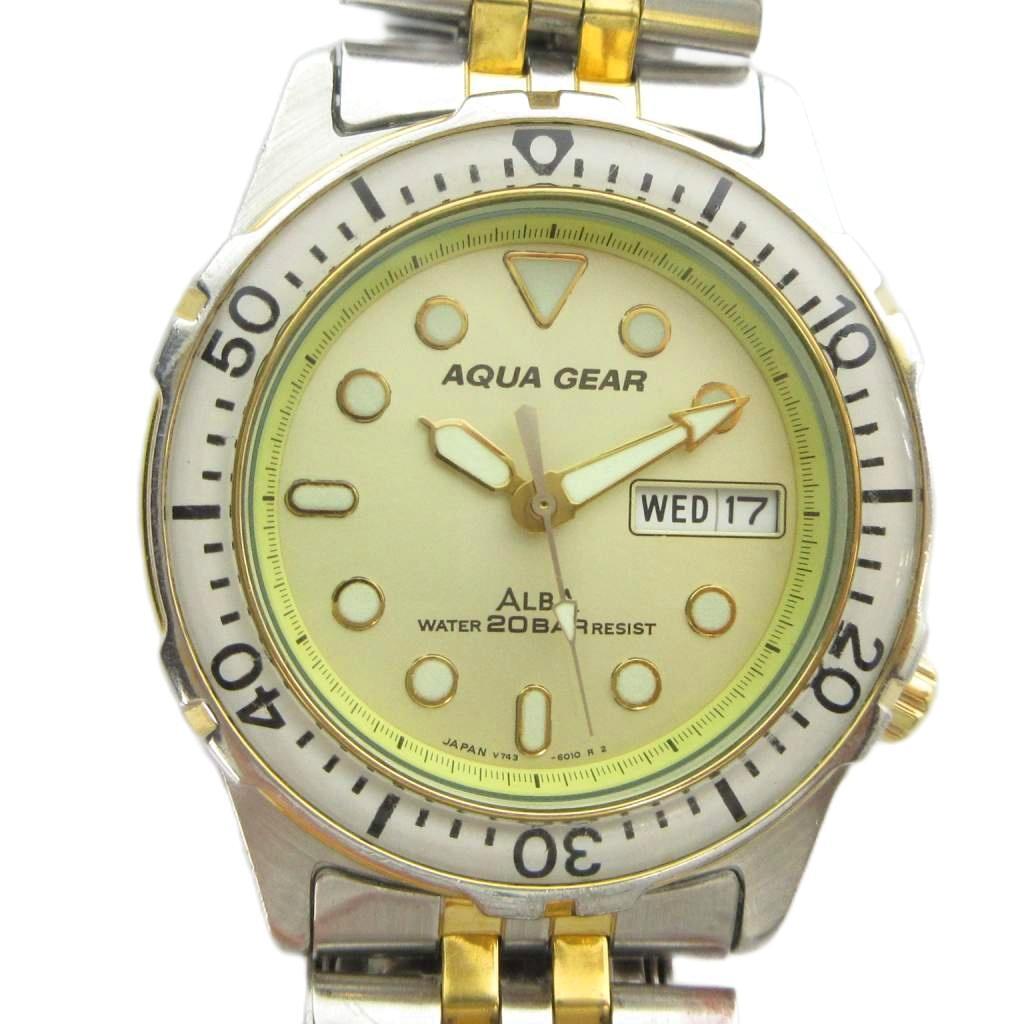 Seiko ALBA AQUA GEAR Quartz Watch with Silver Color V743-6010 Calendar, GY18 /MQ