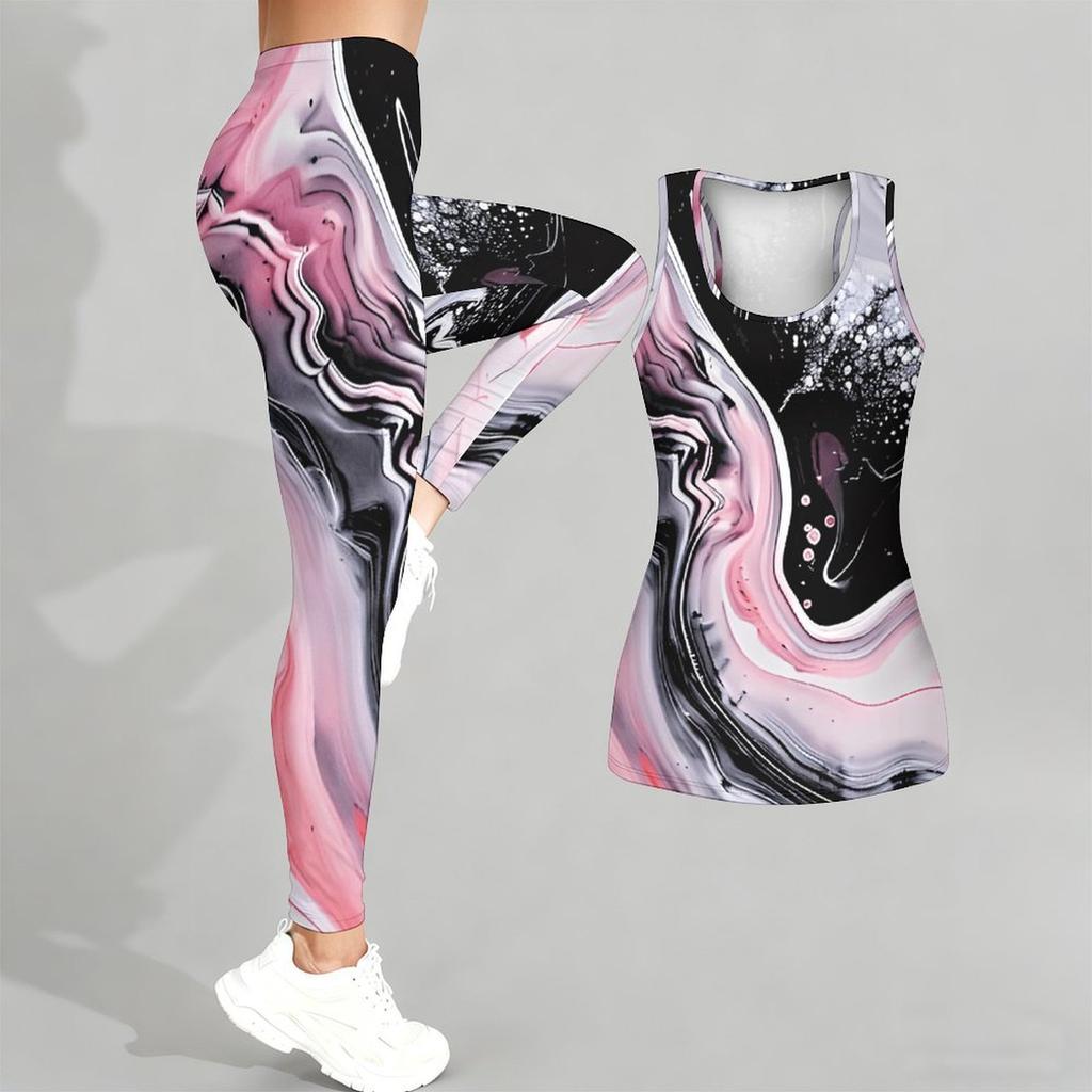 Marble Veining Printed Yoga Outfit for Women Fashion Workout Leggings Fitness Sports Casual Yoga Set Sports Suit