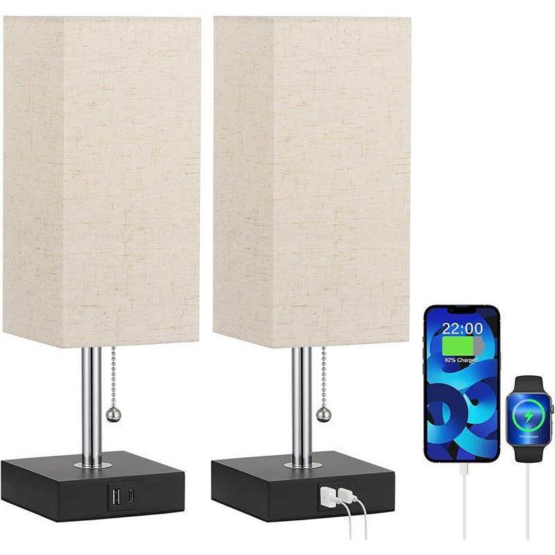 Stoffschirm-Tischlampe mit berührungsempfindlicher Dreistufen-Dimmung, USB-wiederaufladbar, Netzstecker, geeignet für Schlafzimmer-Nachttische