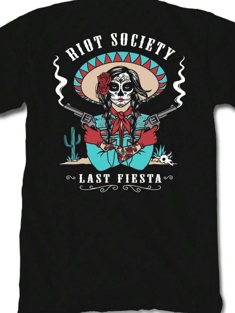 Riot Society Unisexs Short Sleeve Graphic Embroidered TShirt Black Mexican Day Of The Dead Design S