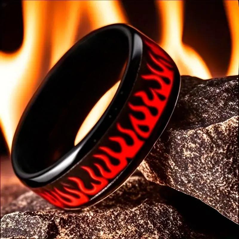 Matte Black & Red Flame Stainless Steel Ring - Perfect for Birthdays and Daily Wear