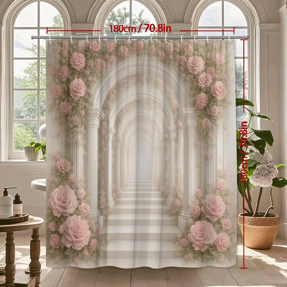 Romantischer Rosenbogen Duschvorhang Rosa Blumen Klassische Säulen Elegantes Palast Design Traumhafte Badezimmerdekoration Wasserdicht