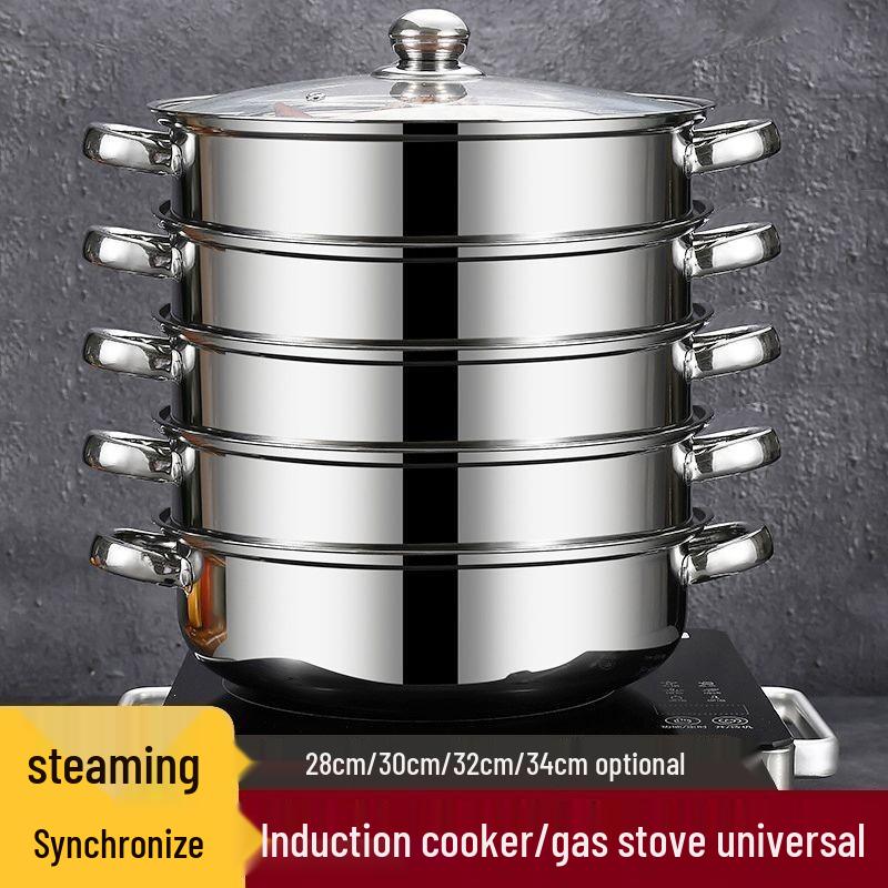 Stainless Steel Multi-Layer Steamer Pot for Buns, Soup, and Hot Pot - Compatible with Induction and Gas Stoves