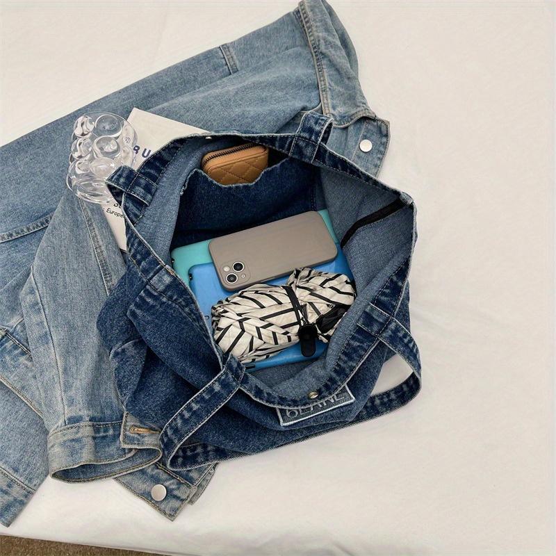 Geantă Tote din Denim la Modă Geantă de Umăr Elegantă cu Imprimeu Litere Geantă de Mână Casual pentru Școală Navetă
