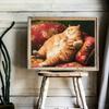 Vintage-Poster im Rokoko-Stil: Dicke orange Katze mit Hamburger – Lustiges und niedliches Tierposter auf Leinwand, Wandbild für Zuhause oder Zimmer