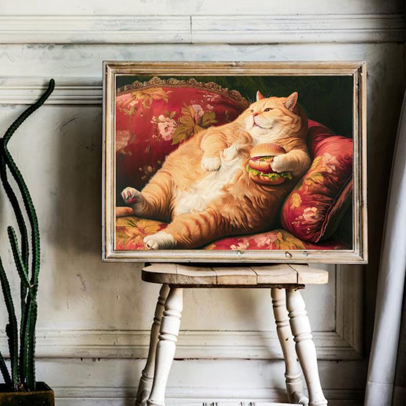 Vintage-Poster im Rokoko-Stil: Dicke orange Katze mit Hamburger – Lustiges und niedliches Tierposter auf Leinwand, Wandbild für Zuhause oder Zimmer