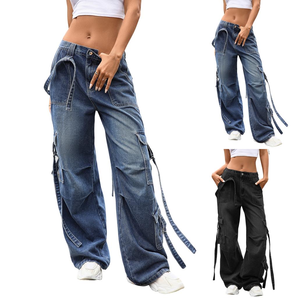 Women's Casual Fashion Solid Color Elastic Waist Pockets Wide Leg Straight Jeans Pants