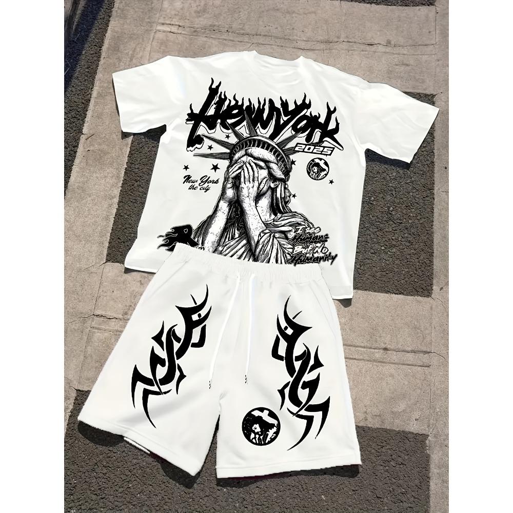 T-shirt e Pantaloncini Estivi Casual a 2 Pezzi con Stampa di Lettere e Figure per Bambini, Outfit per Ragazzi e Ragazze, Abbigliamento per Bambini