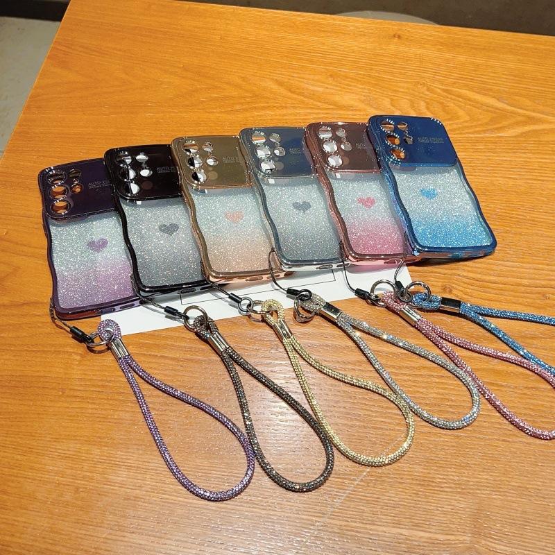 Electroplating wave large window is suitable for Samsung S25 mobile phone case GalaxyS24 love glitter lanyard protective case