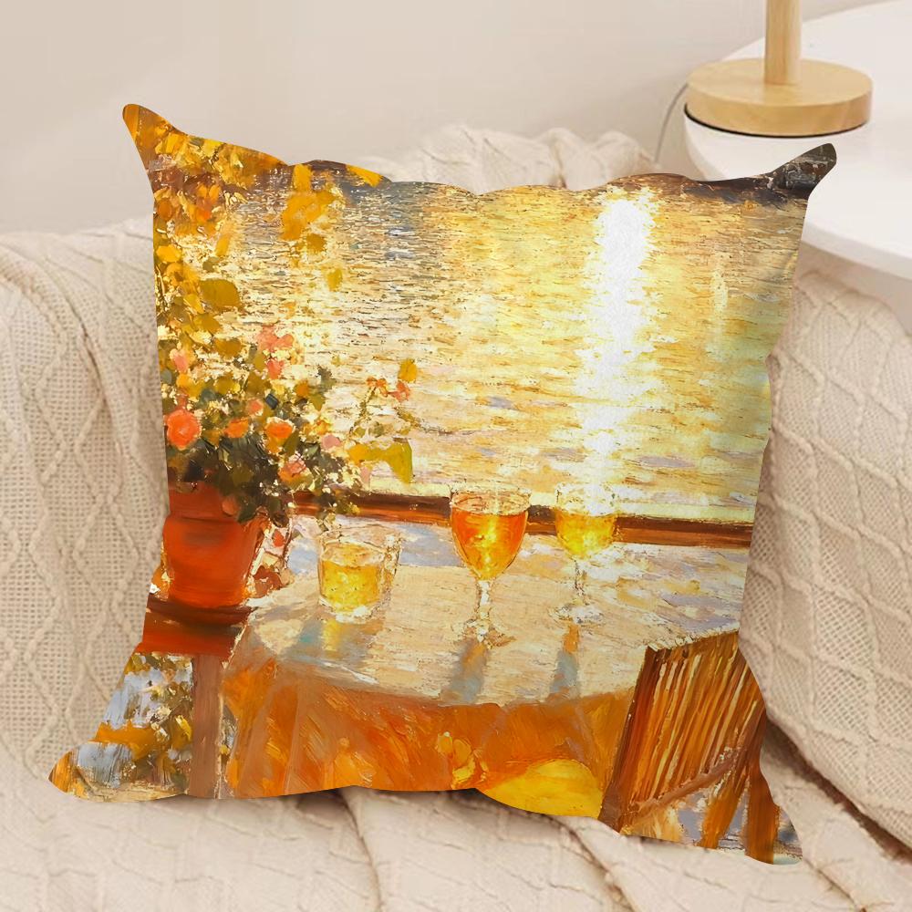 Warm Leisure Oil Painting Cushion Cover Silky Short Plush Invisible Zipper Dustproof Sofa Pillow Case For Home Decor