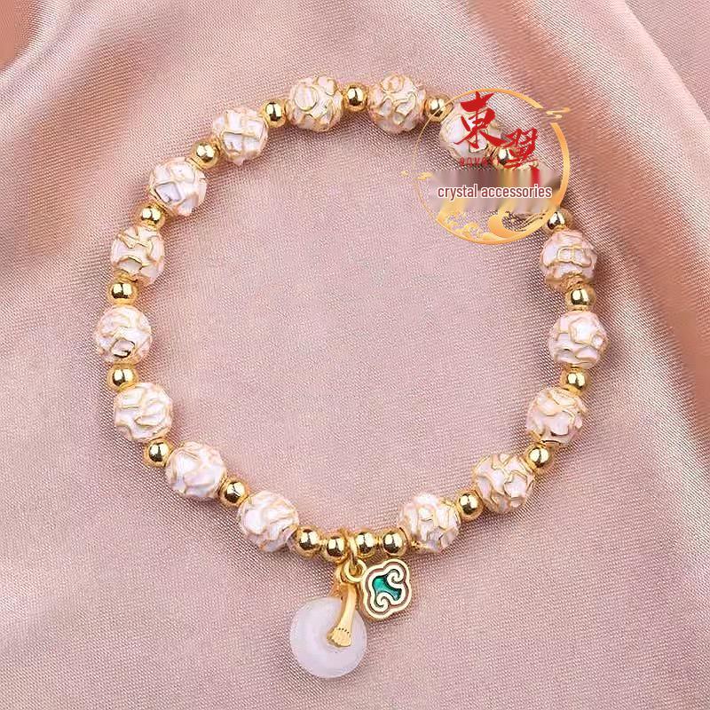 Cloisonné White Porcelain Beads Bracelet with Gold Leaf and Filigree Flowers