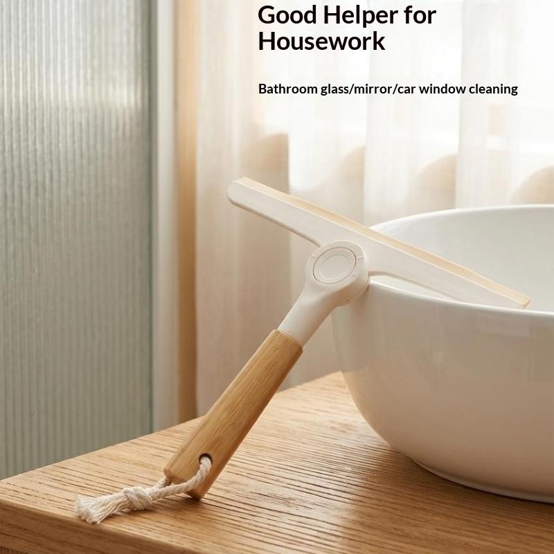 Rotating Soft Silicone Window Squeegee Non Scratch Glass Wiper with Natural Wooden Handle for Shower Door Car Detailing