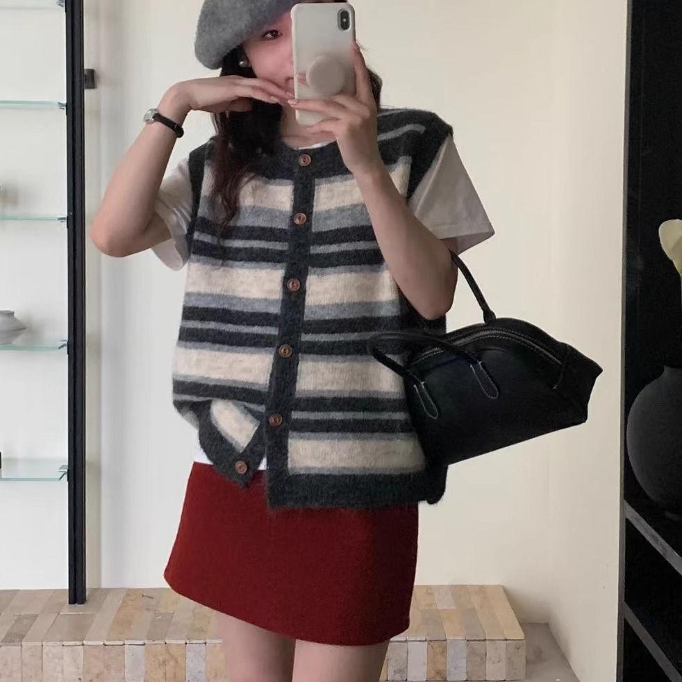 

Винтажный полосатый жилет женский свободный кардиган с круглым вырезом весенне-осенний вязаный жилет без рукавов 3XL чёрный