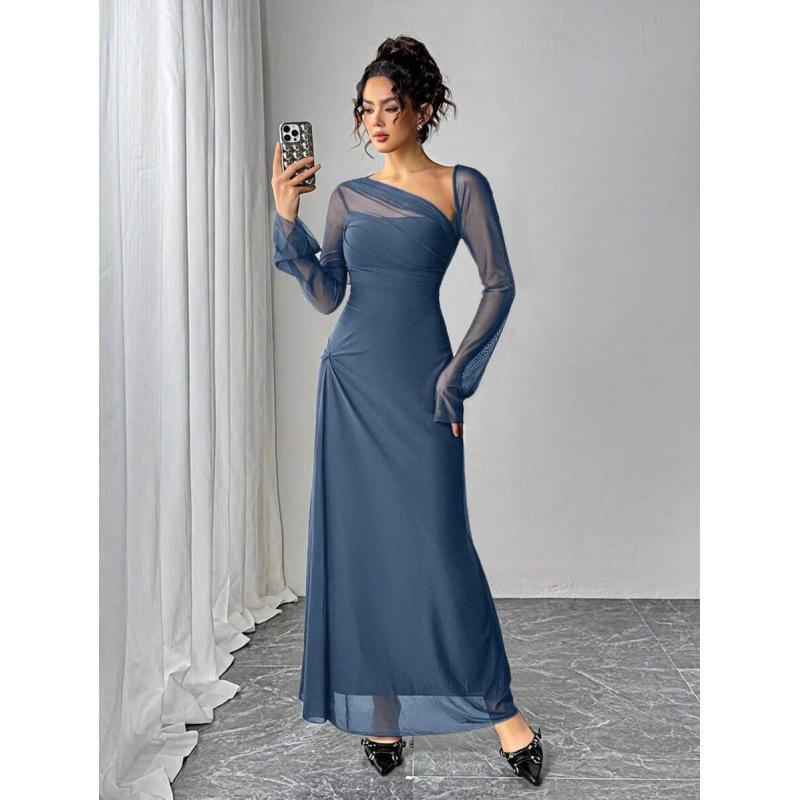 Europe, America 2026 summer new asymmetrical neckline long sleeve elegant fashion temperament dress women