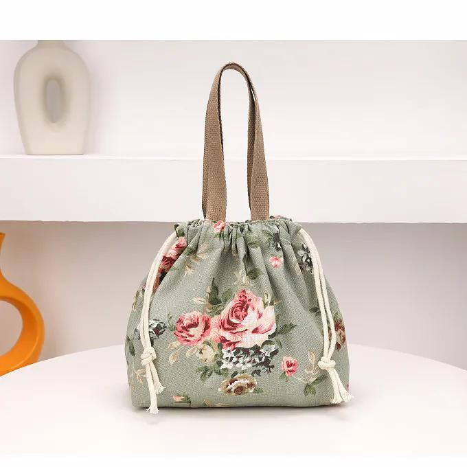 WTEMPO Fashion Printed Lightweight Handbags Women's Embroidered Drawstring Bento Bags Commuting Travel Lunch Box, Storage, Hand-held Cloth Bags