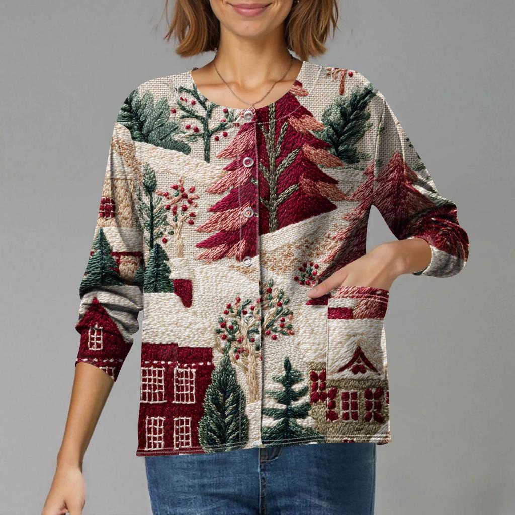 Women's Casual Long-Sleeved Single-Breasted Christmas-Themed Print  Cardigan