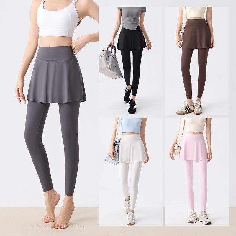 Cool long and short exclusive yoga pants skirt for women's spring/autumn thin high-waist tummy control faux two-piece fitness sports leggings