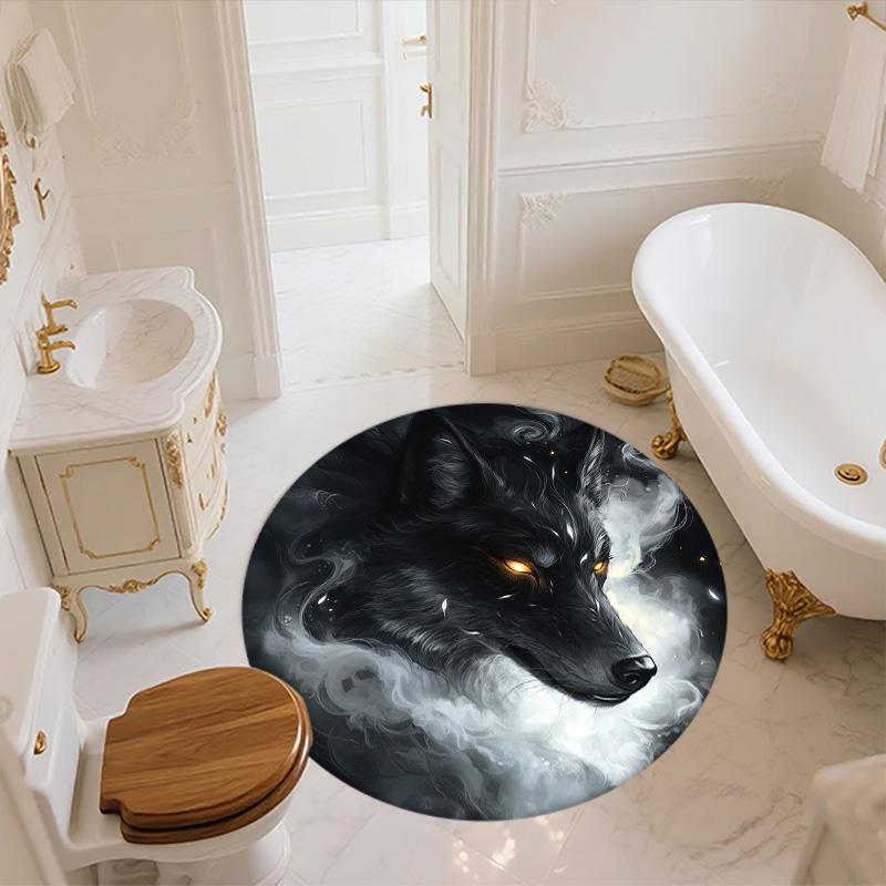 Black and White Wolf,Round Area Rug,Carpet Rug for Living Room Bedroom Sofa Playroom Decor,Non-slip Floor Mat