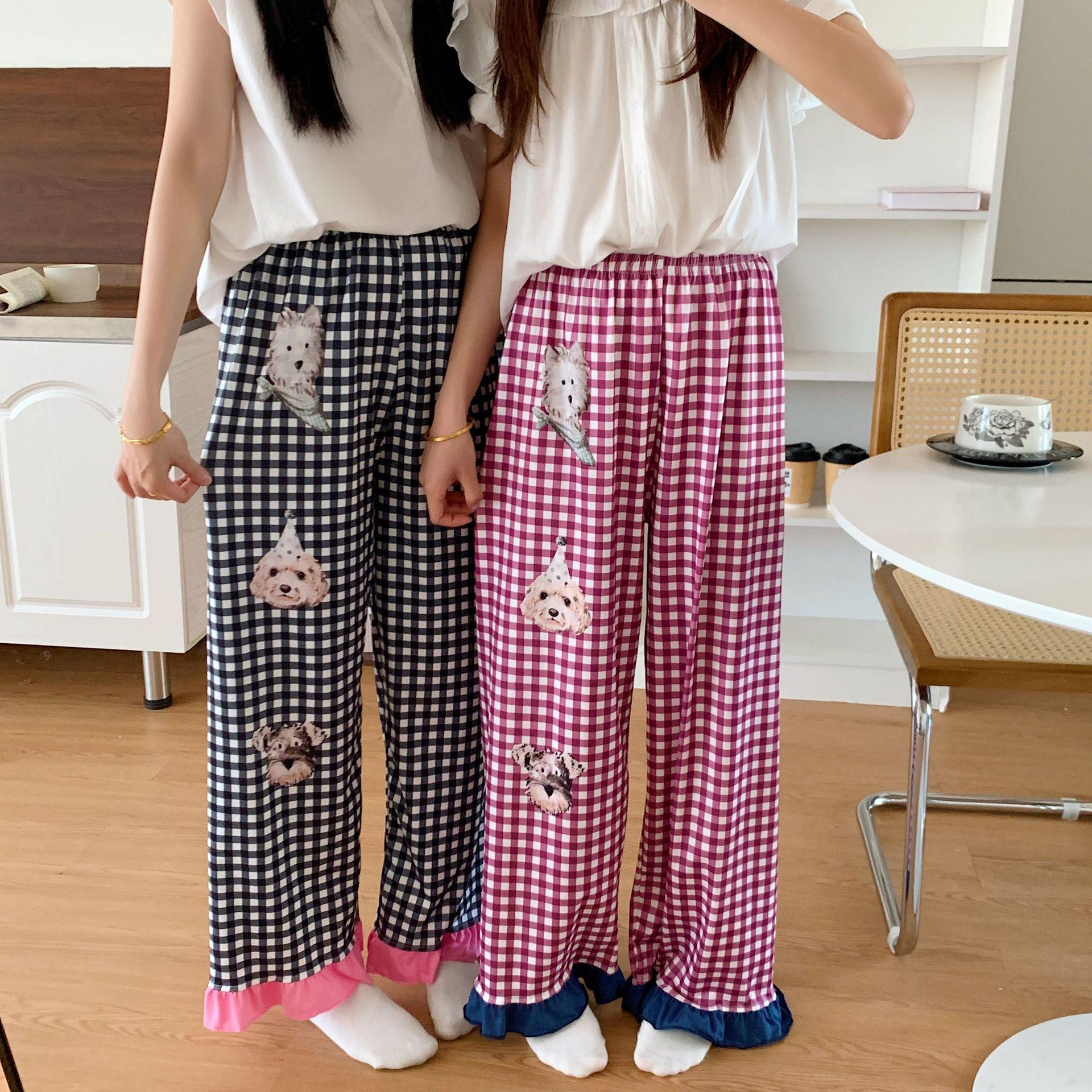 

Women s Korean Style Plaid Lace Sleep Pants - Spring/Summer Color Block, Casual & Loose, Wear Indoors or Out. XL (110-130 Jin)
