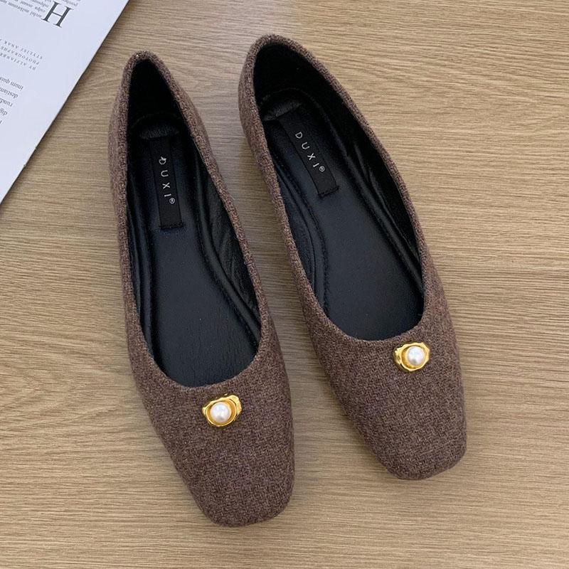 New Flats Women Shoes Elegant Square Toe Pearl Buckle Pumps Comfortable Loafers Soft Soles Slip-on Casual Shoes Lady Work Shoes
