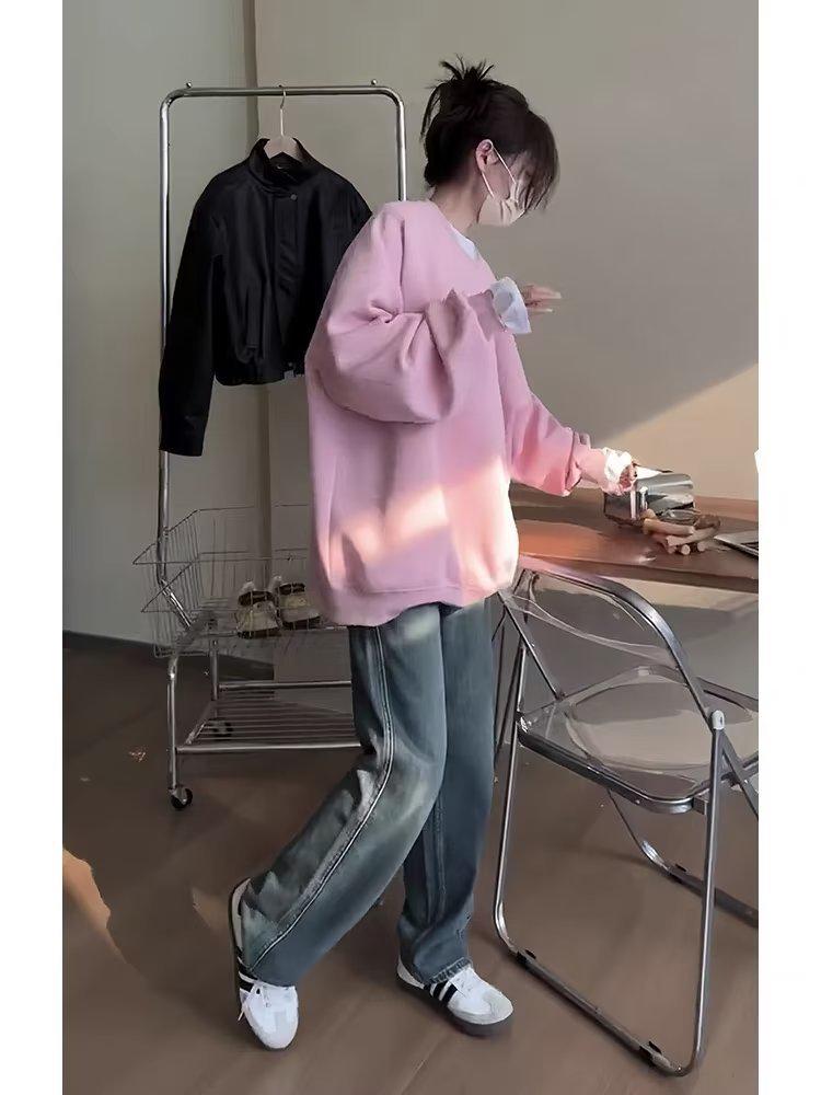 2024 Men’s Hong Kong-Style Solid Color Sweatshirt – Spring/Autumn, Loose Fit, Large Size, Round Neck, Trendy Korean Couple's Top