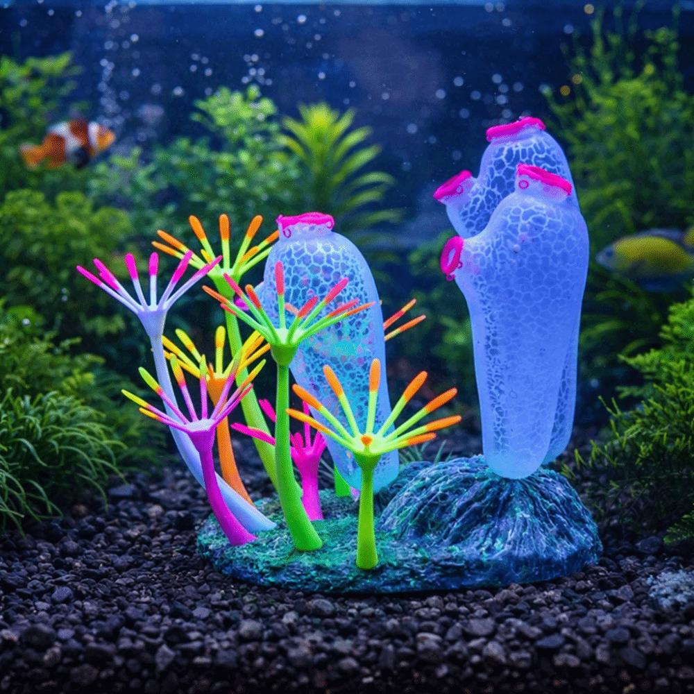 Realistic Simulation Thumb Coral Ornament Silicone Colorful Luminous Coral Artificial Plants Fluorescence Glowing Coral Aquarium