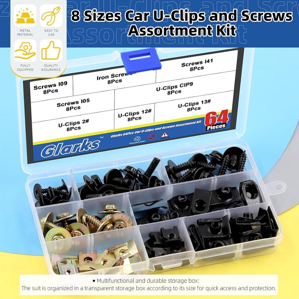 Glarks 64Pcs U-Clips And Body Bolts Screws Assortment Kit 8 Sizes Auto Car Clips Fasteners With Screws Auto Car U Nuts With Self Tapping Screw Body