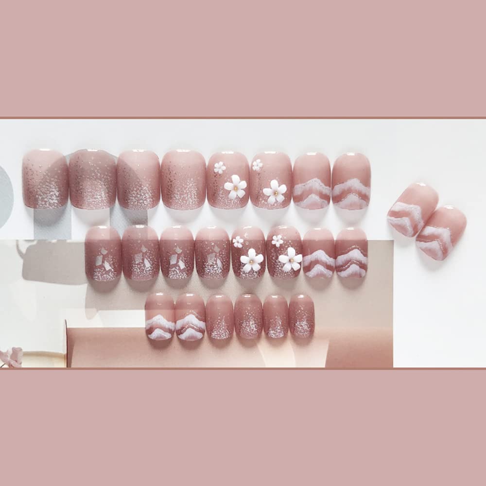 S.A.V.I 3D White Flower Nude False Nails - 24 Easy-to-Apply Petal Shaped Fake Nails with Glue for DIY Manicure - Perfect for Women and Girls - Long