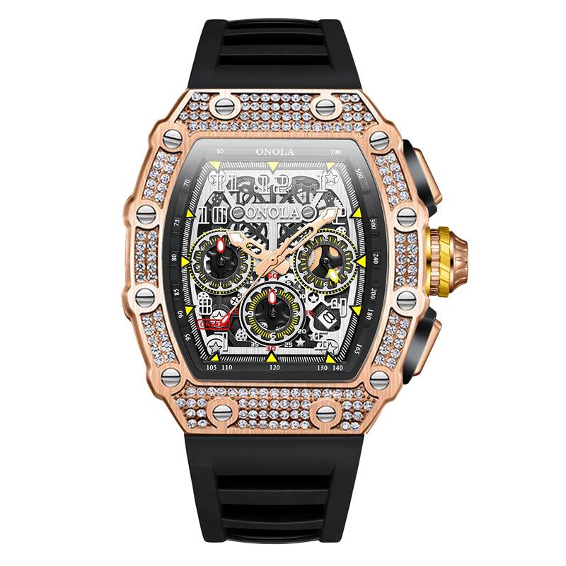 New Fashion Full Diamond Top Brand Multi-function Waterproof Quartz Men's Watch Silicone Band Sports Watch