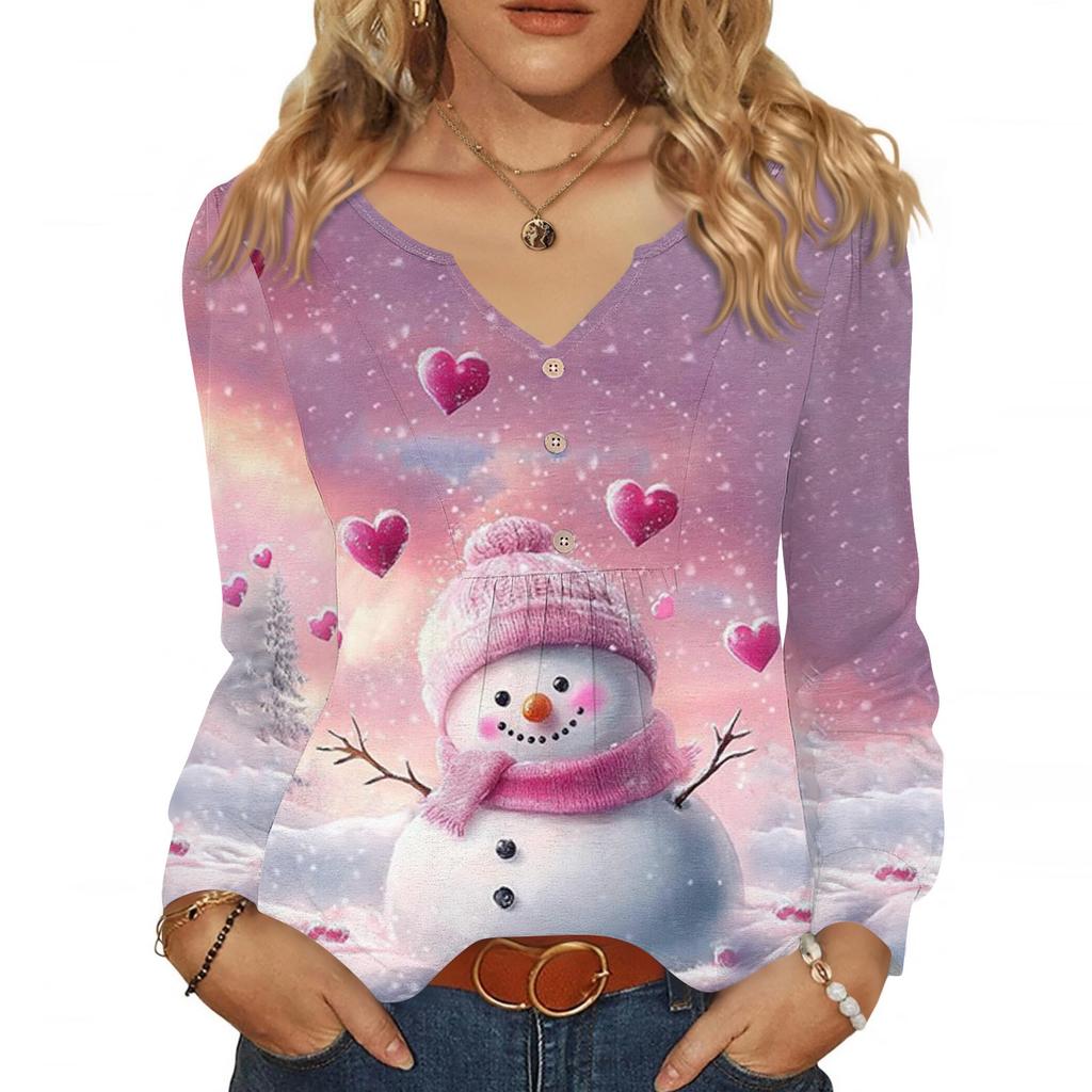 Dámská módní ležérní halenka s výstřihem do V, knoflíky, vánoční potisk, s dlouhým rukávem, pulovr, tričko, top