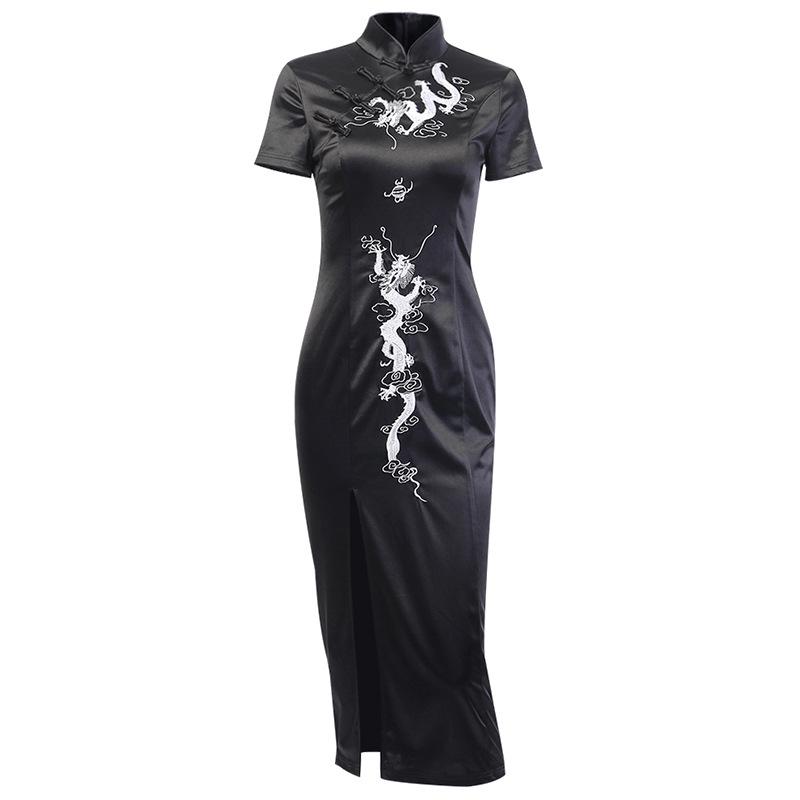2025 New Collection Vintage Dark Gothic Chinese Knot Buttons Short Sleeve Dress Chinese Style High Waist Split Dragon Print Slim Cheongsam