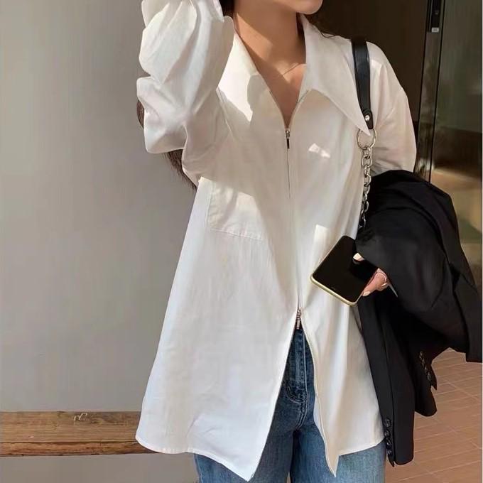 Women s Chic White Zip-Up Shirt with French Pointed Collar - Stylish Loose Fit for Spring & Autumn Small белый