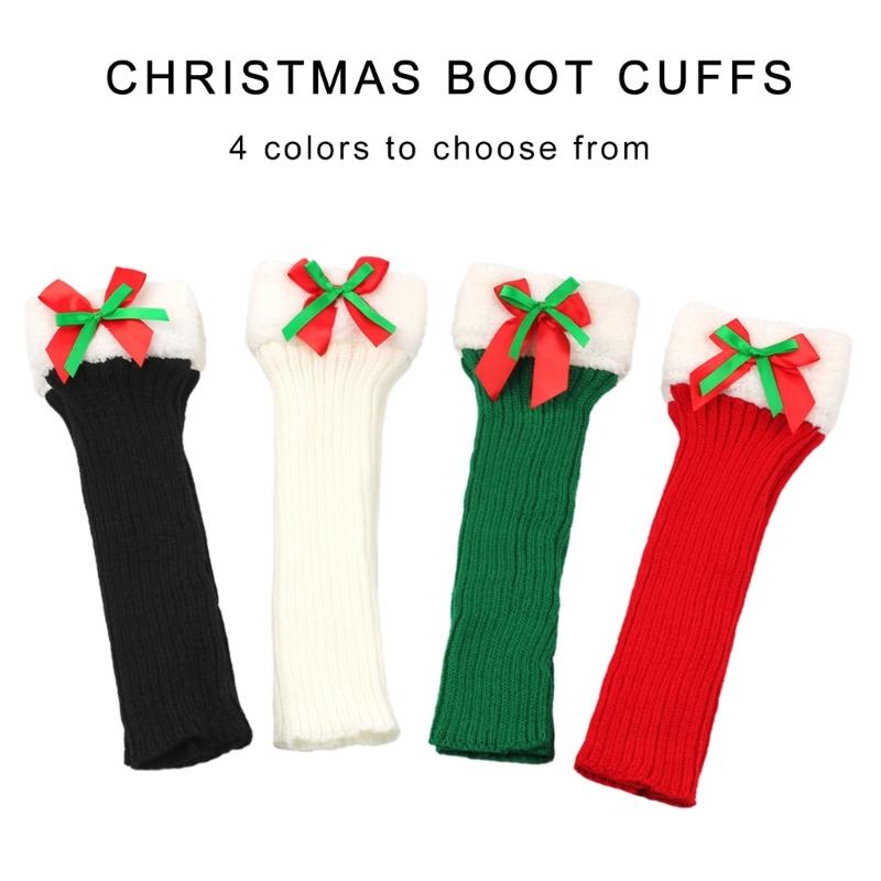 Ribbed Knitted Christmas Boot Cuffs for Women Sweet Bowknot Festival Plush Trim Leg Warmers Calf Socks for Cold Weather