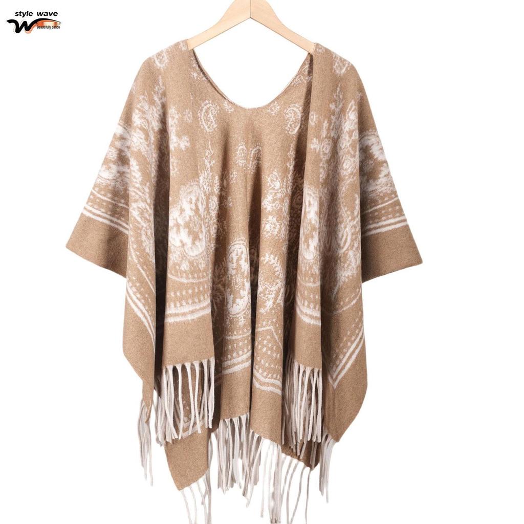 Women's Thick Jacquard Tassel Shawl - Versatile Solid Color Cape for Autumn/Winter