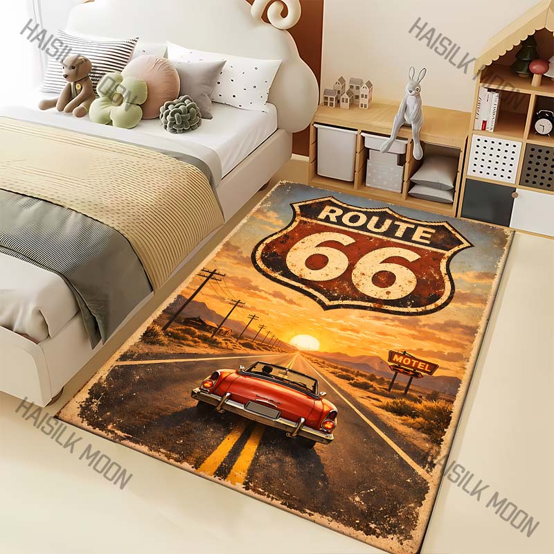 Route 66 vintage sign sunset convertible Print Carpet for Living Room Bedroom Sofa Home Decor Rus Non-slip Floor Mat Luxury Gift