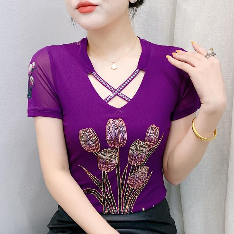 Summer New Fashion Korean Clothes Women's T-shirt Luxury Flower Hot Diamonds Tees Sexy Streetwear Girls Slim Short Sleeve Tops