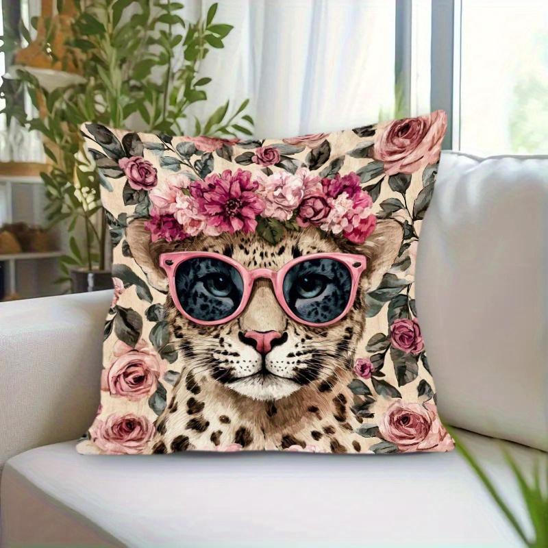 2D flat-Vintage Boho Floral Leopard Print Throw Pillow Cover Pink Sunglasses Flower Crown Decorative Cushion Case