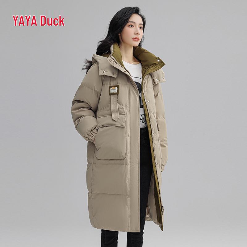 Yaya Women's 2026 Long Hooded Duck Down Jacket - Thick, Warm, Korean Style Fashion Outerwear.