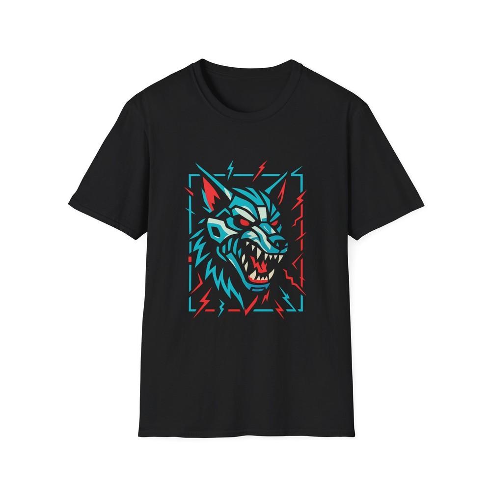 

Unisex Softstyle T-Shirt – Glitched Cyber Wolf, Red Eyes Predator Shirt, Street L