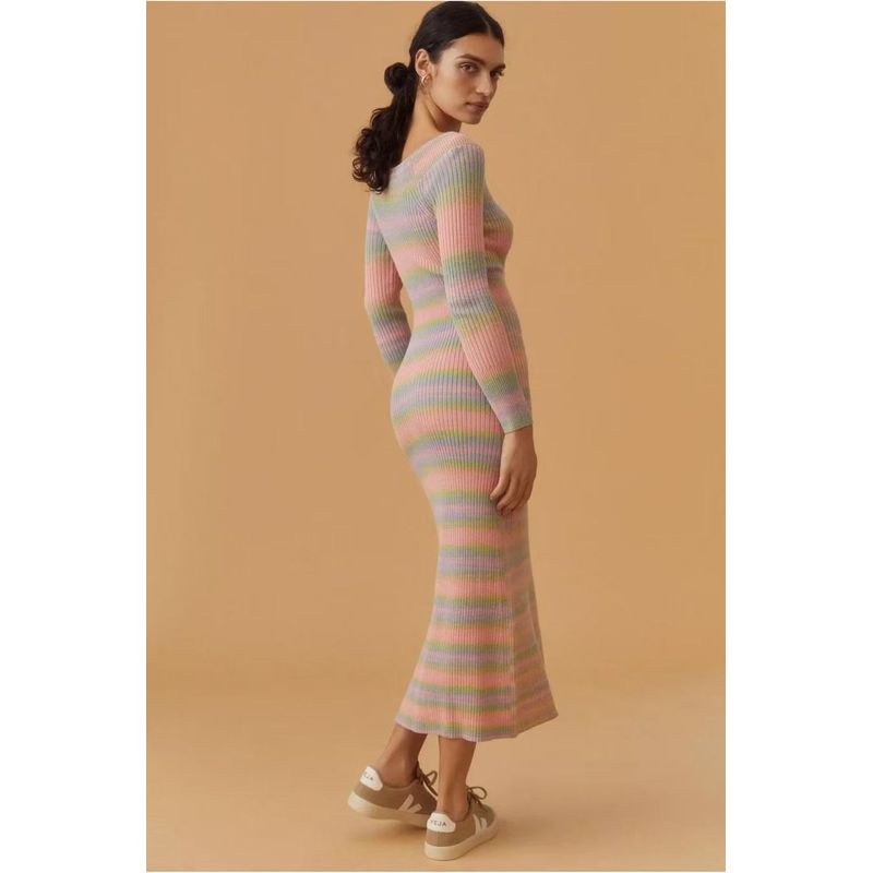 American Style Home ~ Big Round Collar Knitting Stripes Dress Silm Slim Looking Mid Length Long Length