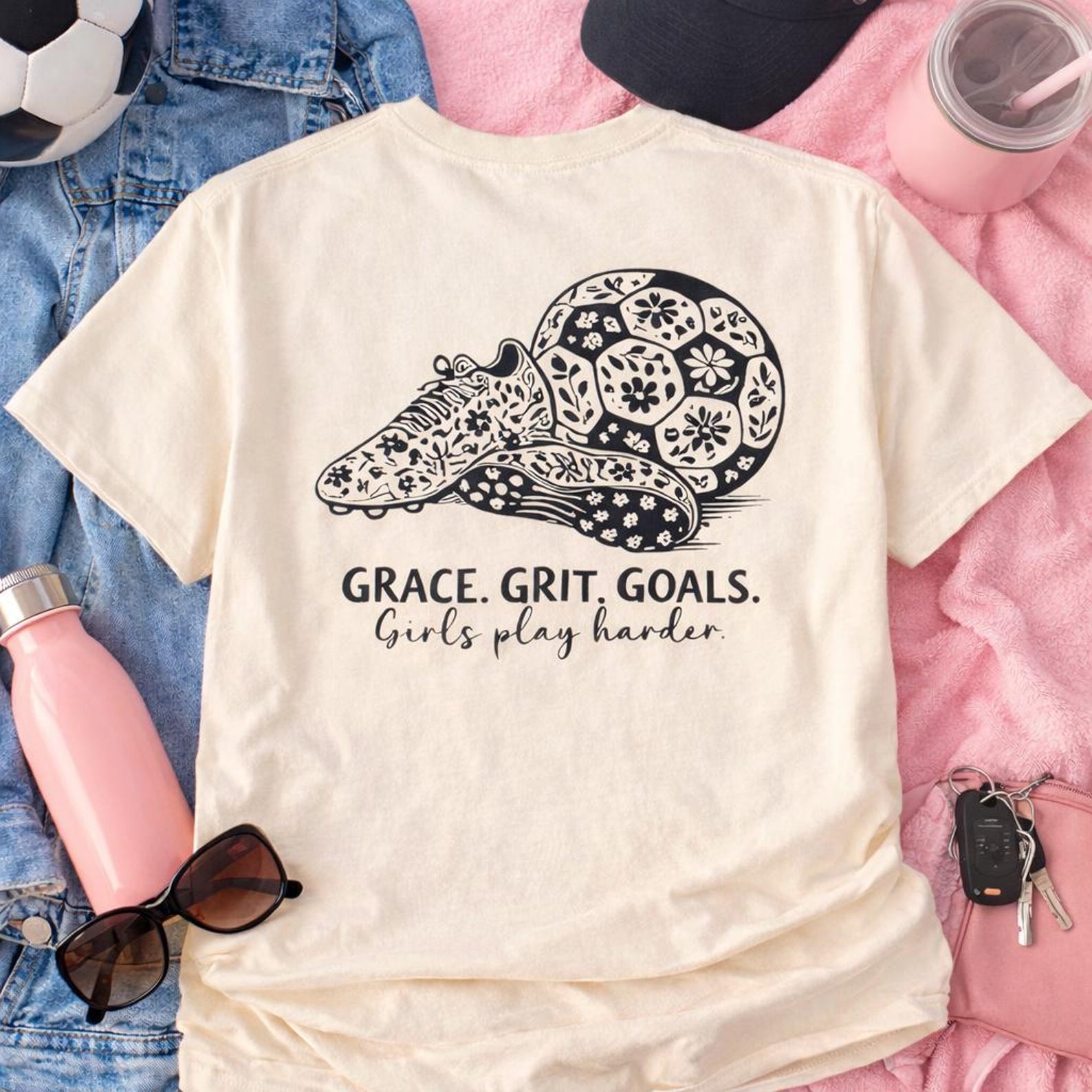 Girls Play Harder Soccer T-shirt | Floral mandala ball design 2XL