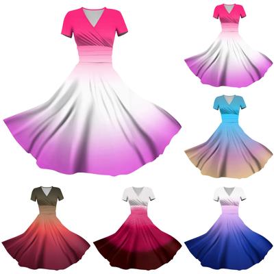 Vestido de princesa sexy para mujer, con escote en V, estampado, cintura alta, plisado, manga corta