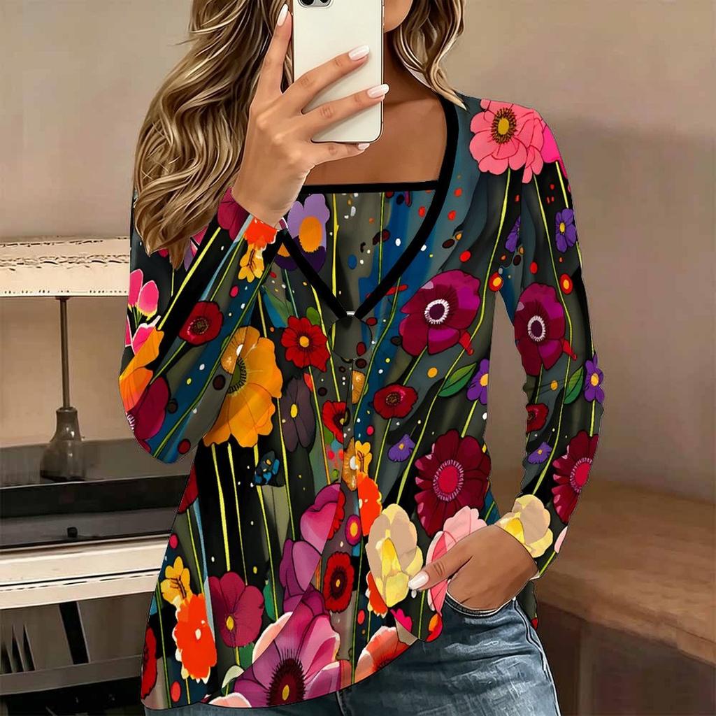 Tops for Women Retro Print Long Sleeve Fake Two‑Piece Top Fall Casual Slim Pullover Women's Long Sleeve Top