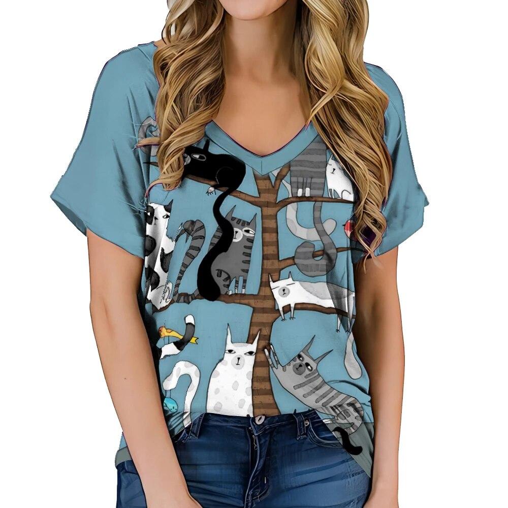 Fashionable Women's Clothing V-neck Kitten Print T-shirt Street Hot Selling Homestay Casual Top Summer Personalized Women Shirt